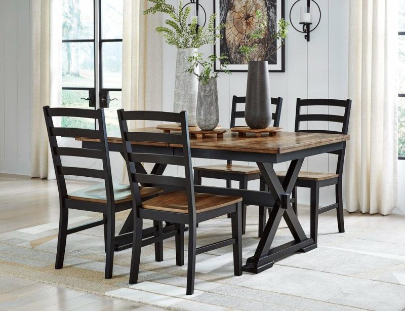 Raven Dining Table, 60-78″W Self-Storing Butterfly Leaf Extension – Two-Tone Black & Brown Dining Room