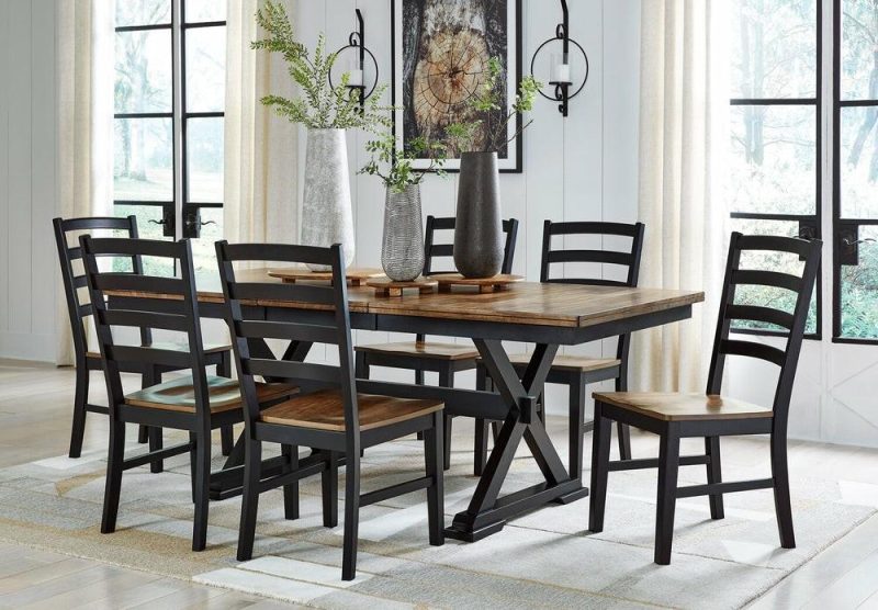 Raven Dining Table, 60-78″W Self-Storing Butterfly Leaf Extension – Two-Tone Black & Brown Dining Room