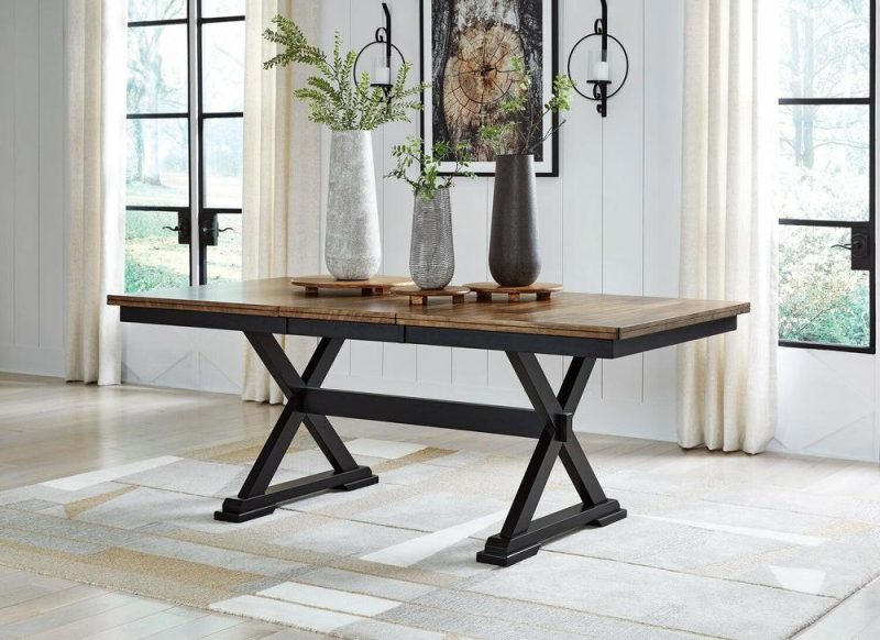 Raven Dining Table, 60-78″W Self-Storing Butterfly Leaf Extension – Two-Tone Black & Brown Dining Room