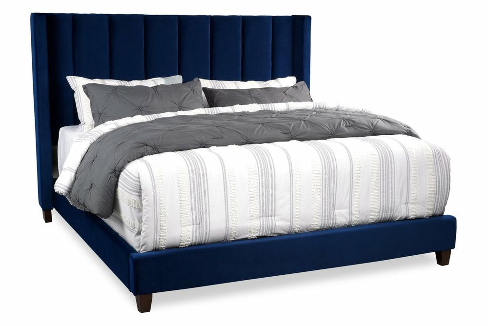 Reid Upholstered Wingback Bed In Blue Velvet Fabric, Tufted – King Size Bedroom