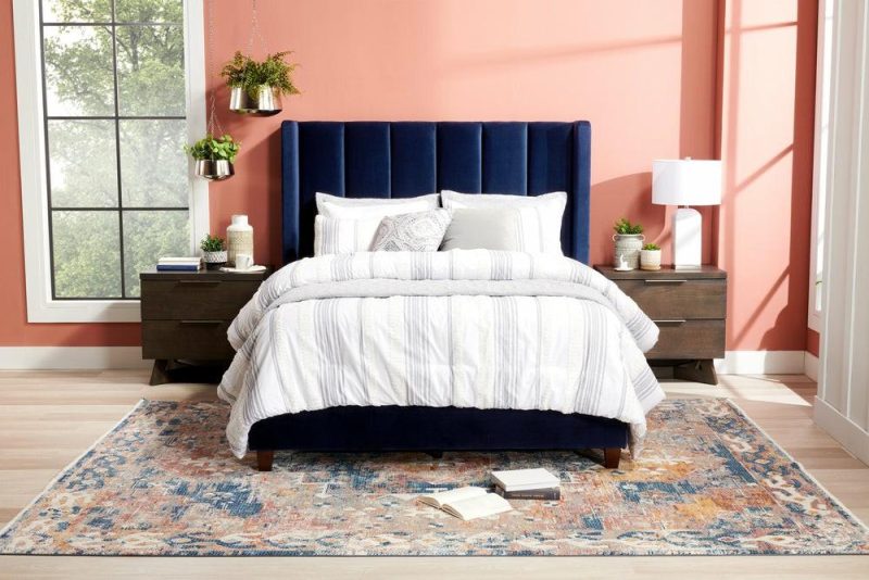 Reid Upholstered Wingback Headboard In Blue Velvet Fabric, Tufted – Queen Size Bedroom