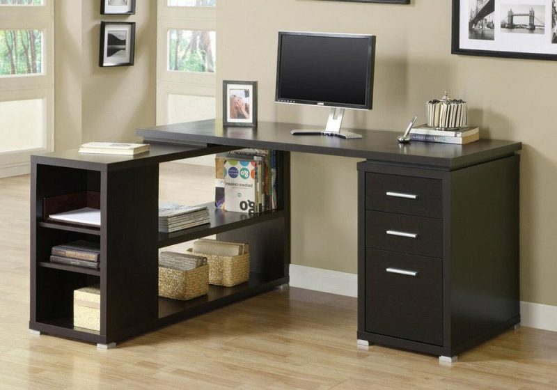 Rickey 60″ L-Shaped Corner Desk With 3-Drawers & Shelving – Espresso Desks