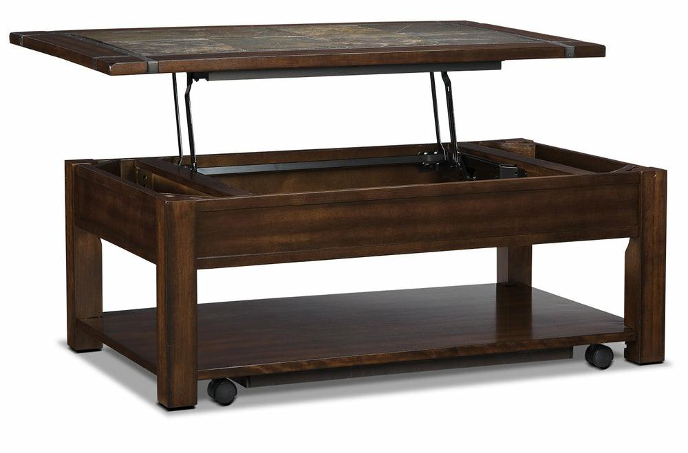 Roanoke 50″ Rustic Lift Top Coffee Table With Storage And Shelf – Dark Cherry Wood And Slate Inlay Coffee Tables