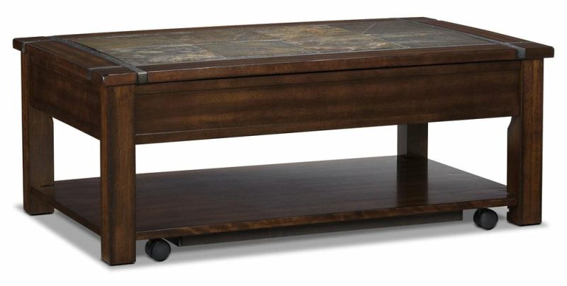 Roanoke 50″ Rustic Lift Top Coffee Table With Storage And Shelf – Dark Cherry Wood And Slate Inlay Coffee Tables