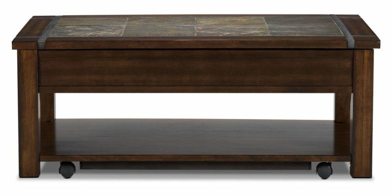 Roanoke 50″ Rustic Lift Top Coffee Table With Storage And Shelf – Dark Cherry Wood And Slate Inlay Coffee Tables