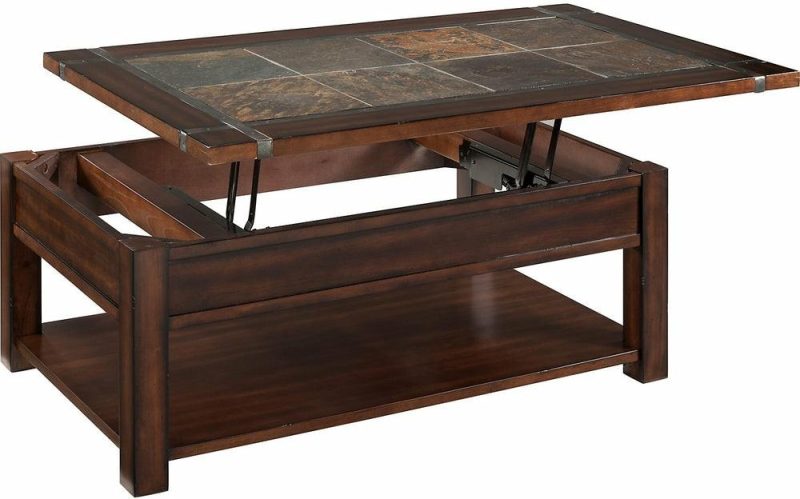 Roanoke 50″ Rustic Lift Top Coffee Table With Storage And Shelf – Dark Cherry Wood And Slate Inlay Coffee Tables