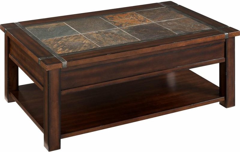 Roanoke 50″ Rustic Lift Top Coffee Table With Storage And Shelf – Dark Cherry Wood And Slate Inlay Coffee Tables