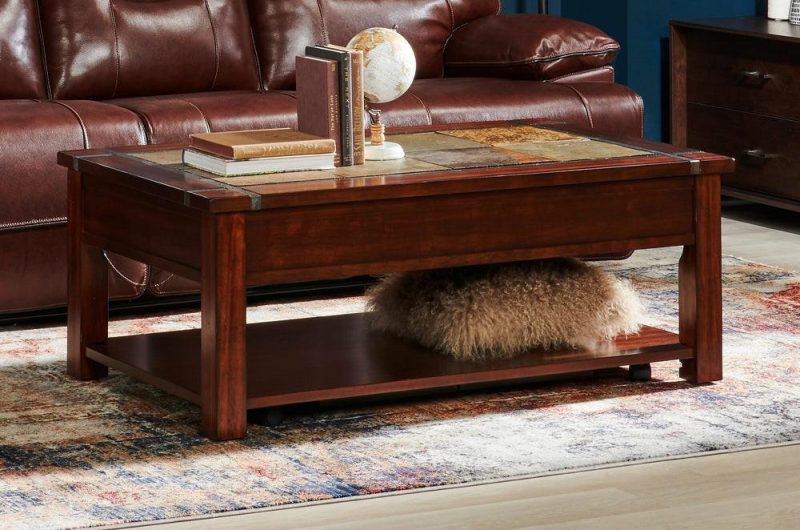 Roanoke 50″ Rustic Lift Top Coffee Table With Storage And Shelf – Dark Cherry Wood And Slate Inlay Coffee Tables