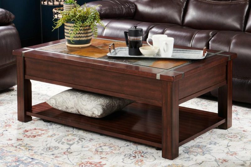 Roanoke 50″ Rustic Lift Top Coffee Table With Storage And Shelf – Dark Cherry Wood And Slate Inlay Coffee Tables