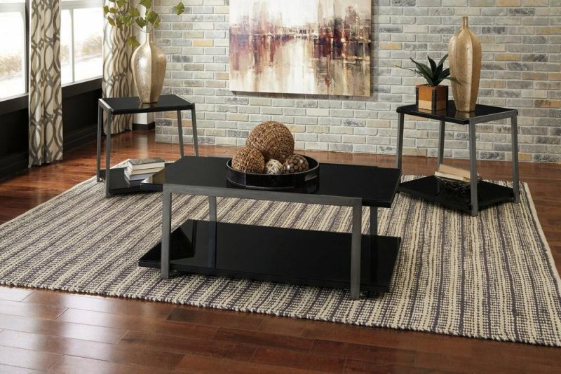 Rollynx 48″ Modern 3-Pack Coffee + 2 End Tables With Shelf – Black Glass With Silver Metal Legs Coffee Tables