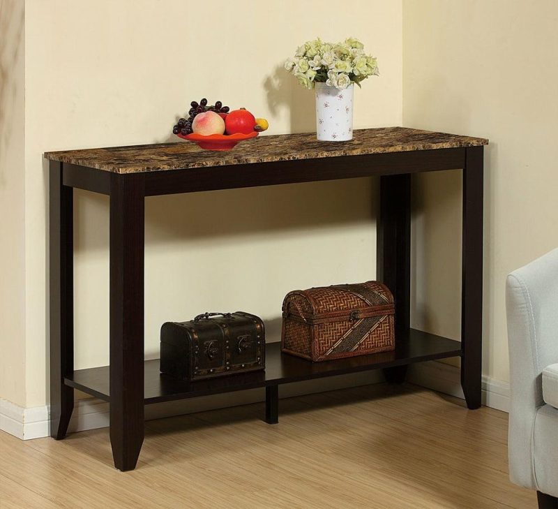 Roma  44″ Rustic Sofa Table With Shelf – Cappucino Marble Look Furniture