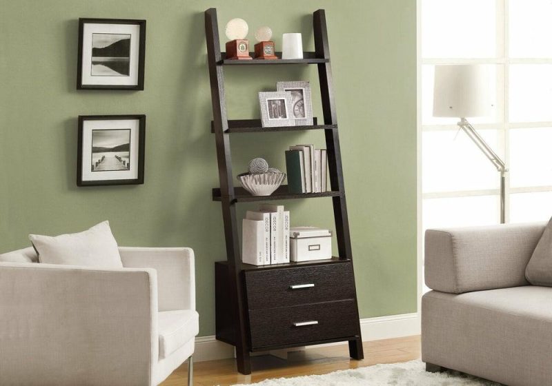 Ronan 25.5″ Ladder Bookcase With Open Shelves & 2-Drawers – Espresso Bookcases