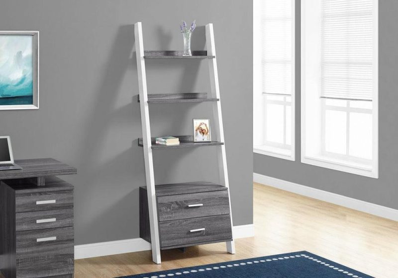 Ronan 25.5″ Ladder Bookcase With Open Shelves & 2-Drawers – Grey & White Bookcases