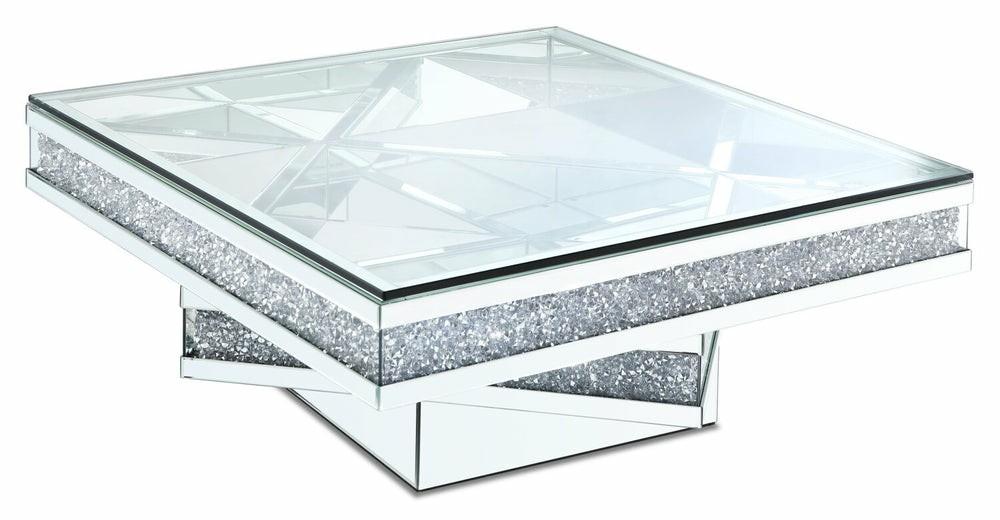 Rosie 39″ Glam Mirror & Glass Top Coffee Table – Silver Metal With Diamond Look Legs Coffee Tables