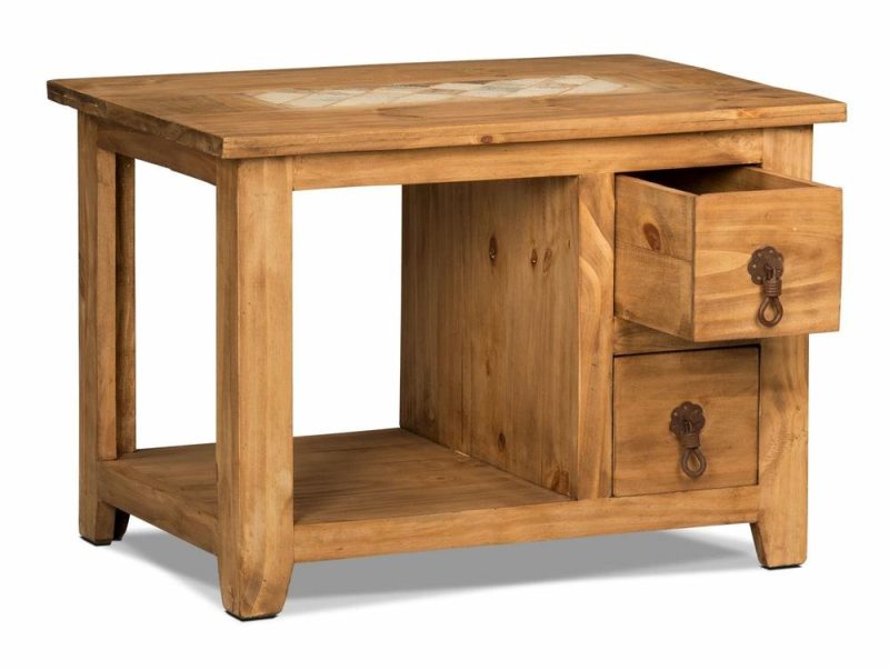 Santa Fe Rustico 27.5″ Rustic End Table With Storage And Shelf – Natural Pine With Marble Inset End Tables