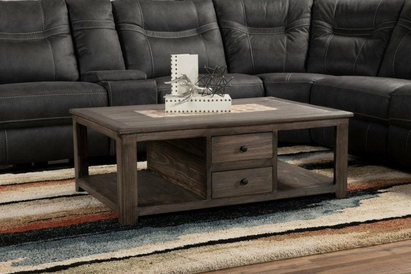 Santa Fe Rustico 47.25″ Rustic Coffee Table With Storage And Shelf – Grey Pine With Marble Inset Coffee Tables