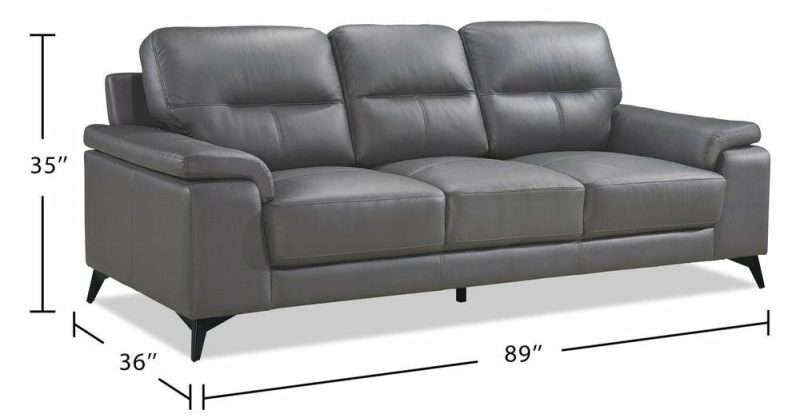 Sash 88.75″ Grey Genuine Leather Sofa With Metal Legs Furniture