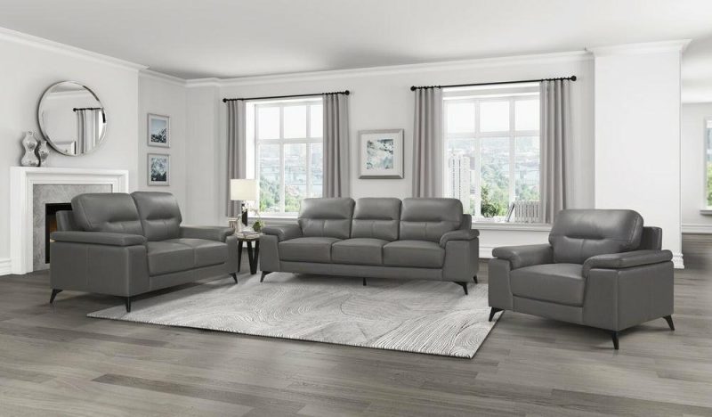 Sash 88.75″ Grey Genuine Leather Sofa With Metal Legs Furniture