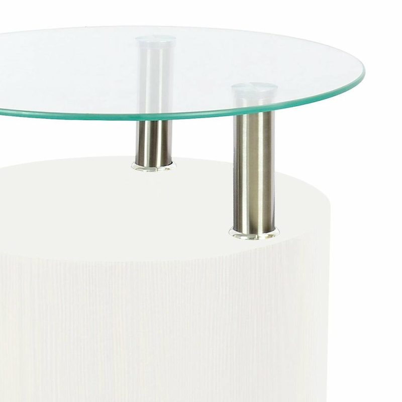 Savon  17.72″ Modern Round Glass Top End Table With Shelf – White Wood And Chrome End Tables