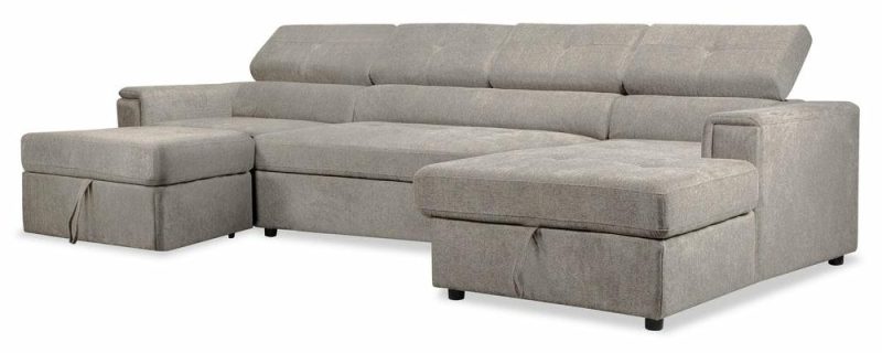 Savvy 3-Piece Linen-Look Fabric Sleeper Sectional With Two Chaises – Grey Furniture