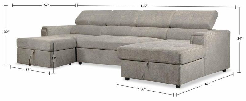 Savvy 3-Piece Linen-Look Fabric Sleeper Sectional With Two Chaises – Grey Furniture