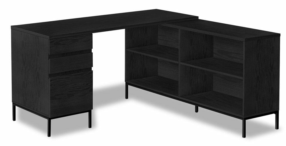 Sean 60″ L-Shaped Desk With 3-Drawers & 4 Cubbies – Black Desks