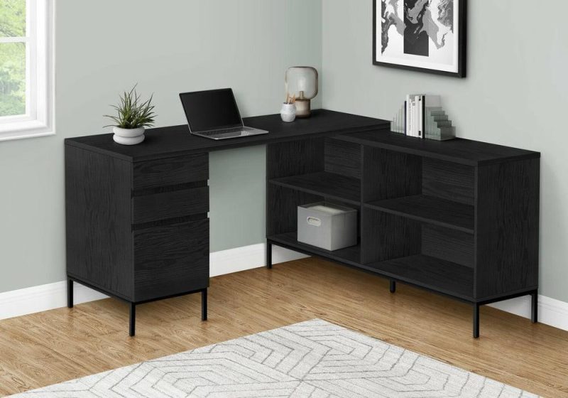 Sean 60″ L-Shaped Desk With 3-Drawers & 4 Cubbies – Black Desks