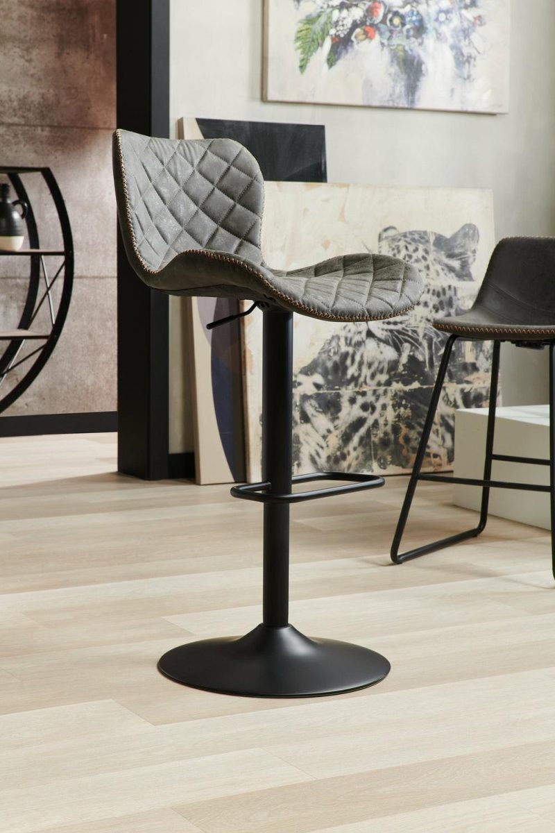 Seth Barstool With Swivel & Adjustable Seat, Vegan Leather Fabric, Metal – Grey Bar Stools