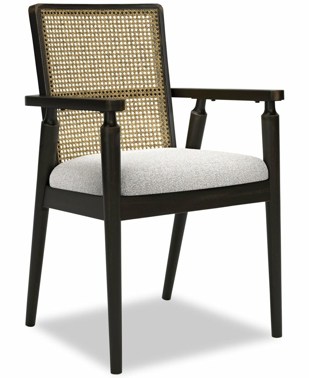 Shaw Dining Arm Chair With Polyester Fabric, Cane-Look Woven Back – Black Accent Chairs