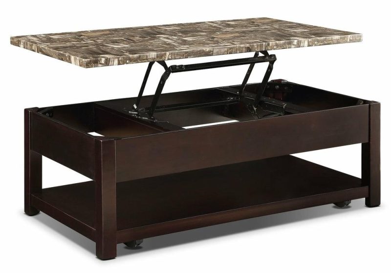 Sicily 48″ Traditional Lift Top Coffee Table With Storage, Shelf And Casters – Dark Brown  With Mable Look Top Coffee Tables