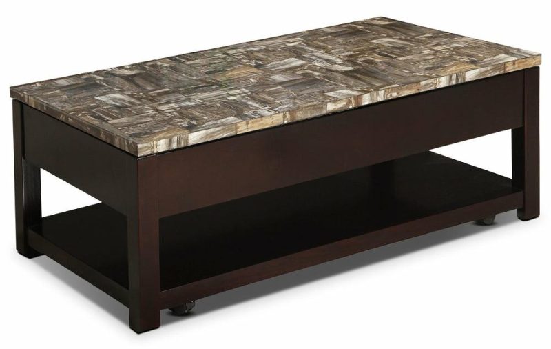 Sicily 48″ Traditional Lift Top Coffee Table With Storage, Shelf And Casters – Dark Brown  With Mable Look Top Coffee Tables