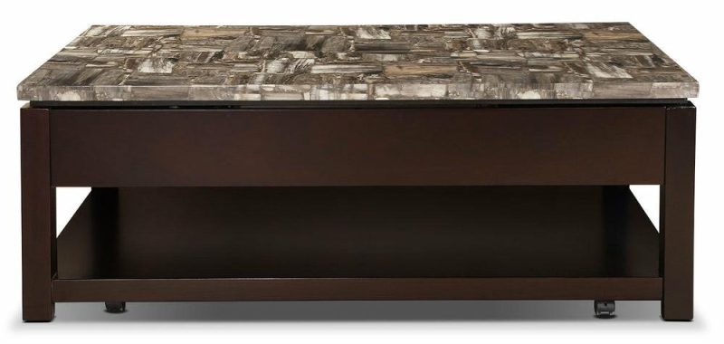 Sicily 48″ Traditional Lift Top Coffee Table With Storage, Shelf And Casters – Dark Brown  With Mable Look Top Coffee Tables