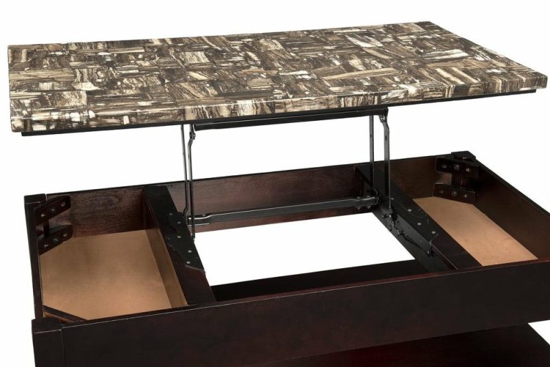 Sicily 48″ Traditional Lift Top Coffee Table With Storage, Shelf And Casters – Dark Brown  With Mable Look Top Coffee Tables