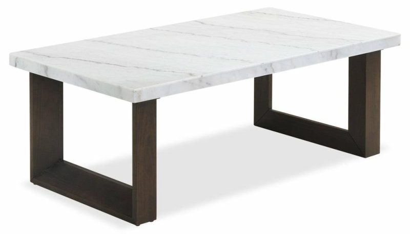 Silvia 48″ Modern Coffee Table – White And Grey Marble Look With Brown Wood Legs Coffee Tables