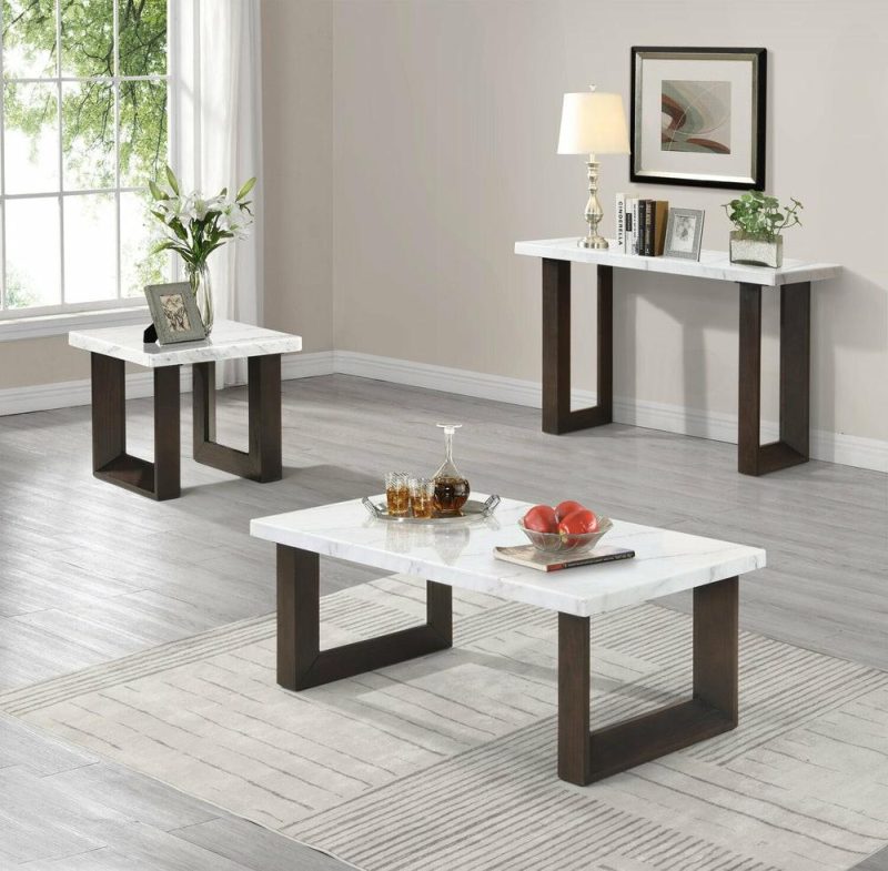 Silvia 48″ Modern Coffee Table – White And Grey Marble Look With Brown Wood Legs Coffee Tables