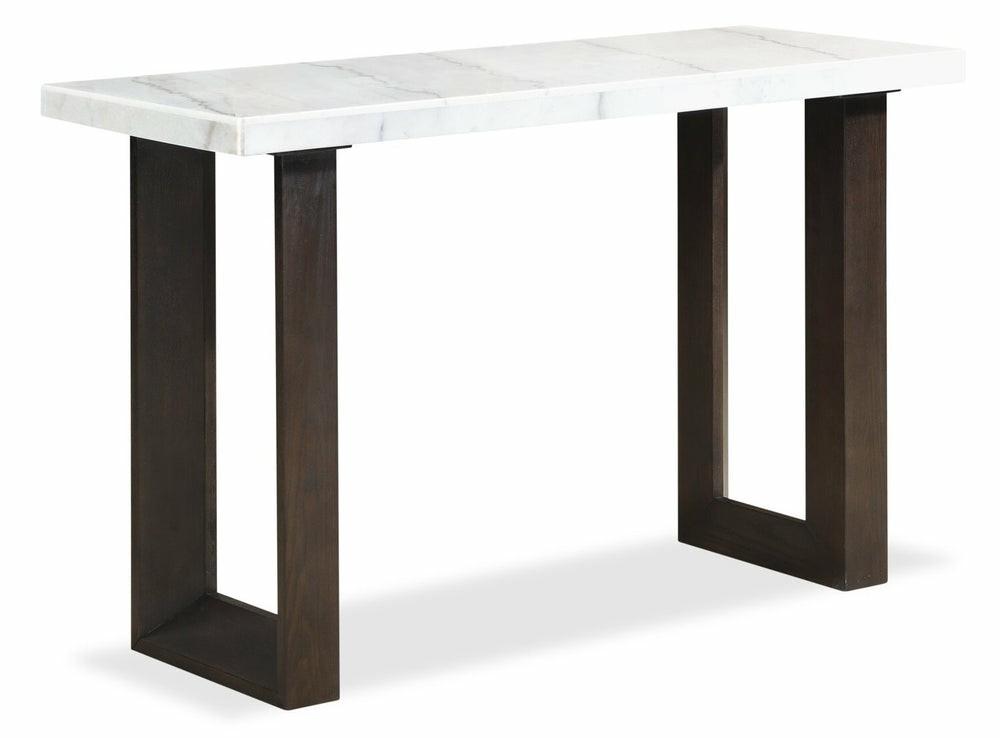 Silvia 48″ Modern Sofa Table – White And Grey Marble Look With Brown Wood Legs Furniture