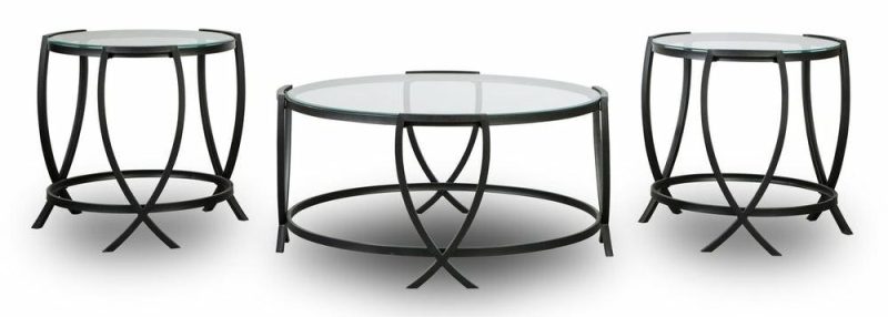 Tarrin 36.13″ Modern Round 3-Pack Coffee + 2 End Tables – Glass Top With Metal Legs Coffee Tables