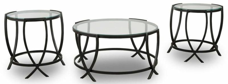 Tarrin 36.13″ Modern Round 3-Pack Coffee + 2 End Tables – Glass Top With Metal Legs Coffee Tables