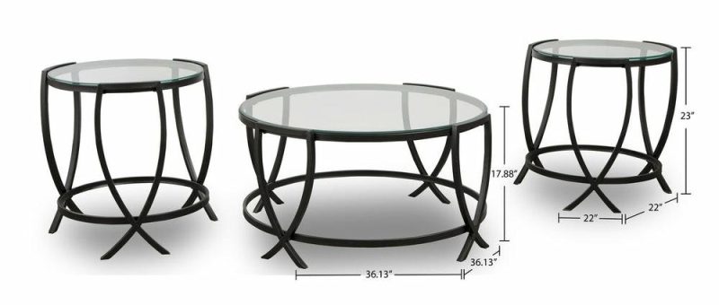 Tarrin 36.13″ Modern Round 3-Pack Coffee + 2 End Tables – Glass Top With Metal Legs Coffee Tables