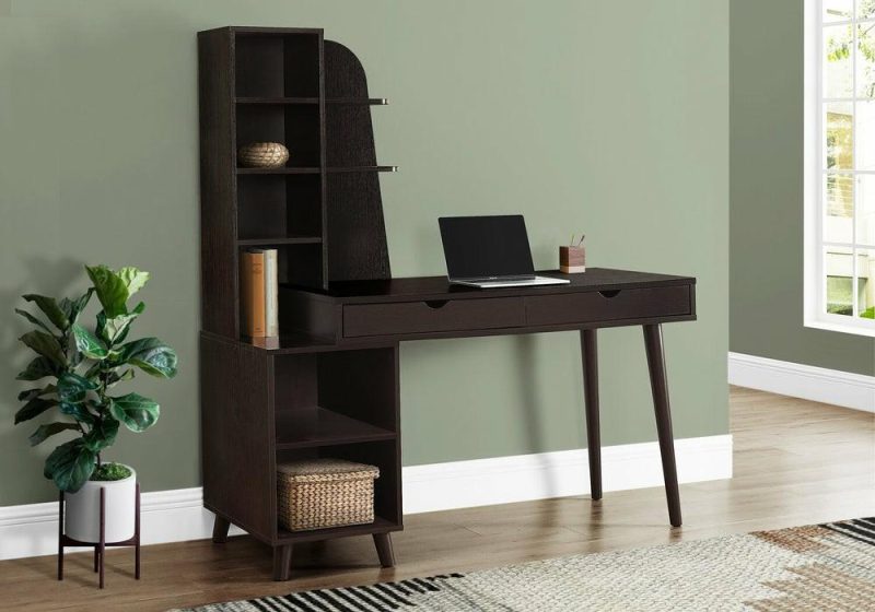 Terell 55.25″ Desk With 2-Drawers & Attached Bookcase – Espresso Desks