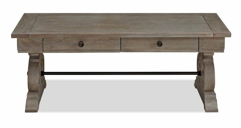 Tinley Park 50″ Traditional Coffee Table With Storage And Shelf – Grey-Brown Pine With Scroll Design Base Coffee Tables