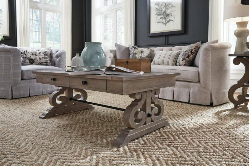 Tinley Park 50″ Traditional Coffee Table With Storage And Shelf – Grey-Brown Pine With Scroll Design Base Coffee Tables