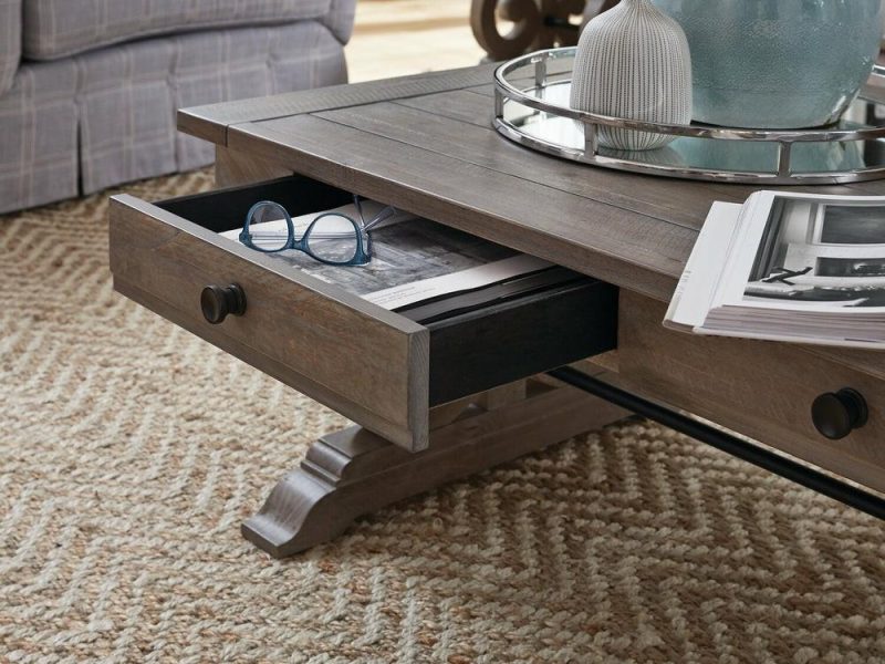 Tinley Park 50″ Traditional Coffee Table With Storage And Shelf – Grey-Brown Pine With Scroll Design Base Coffee Tables