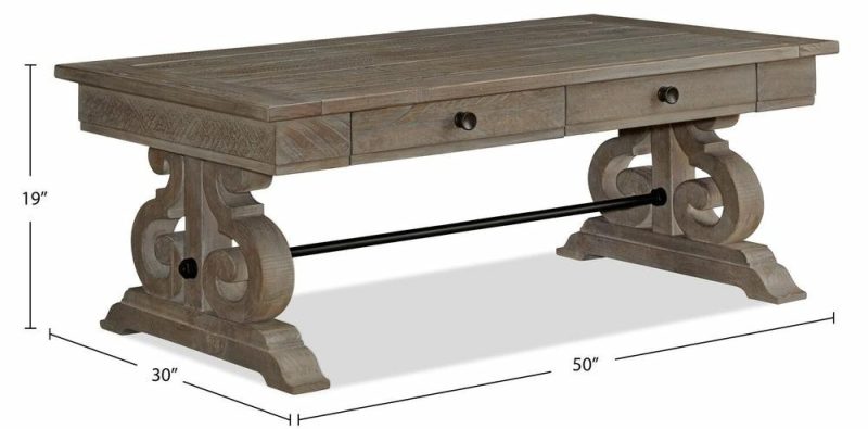 Tinley Park 50″ Traditional Coffee Table With Storage And Shelf – Grey-Brown Pine With Scroll Design Base Coffee Tables