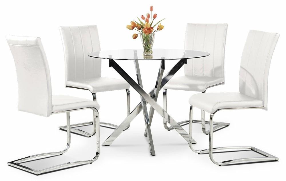 Tori 5Pc Dining Set With Table & 4 Chairs, Glass Top, Geometric Base, 39″W Round – White Dining Room