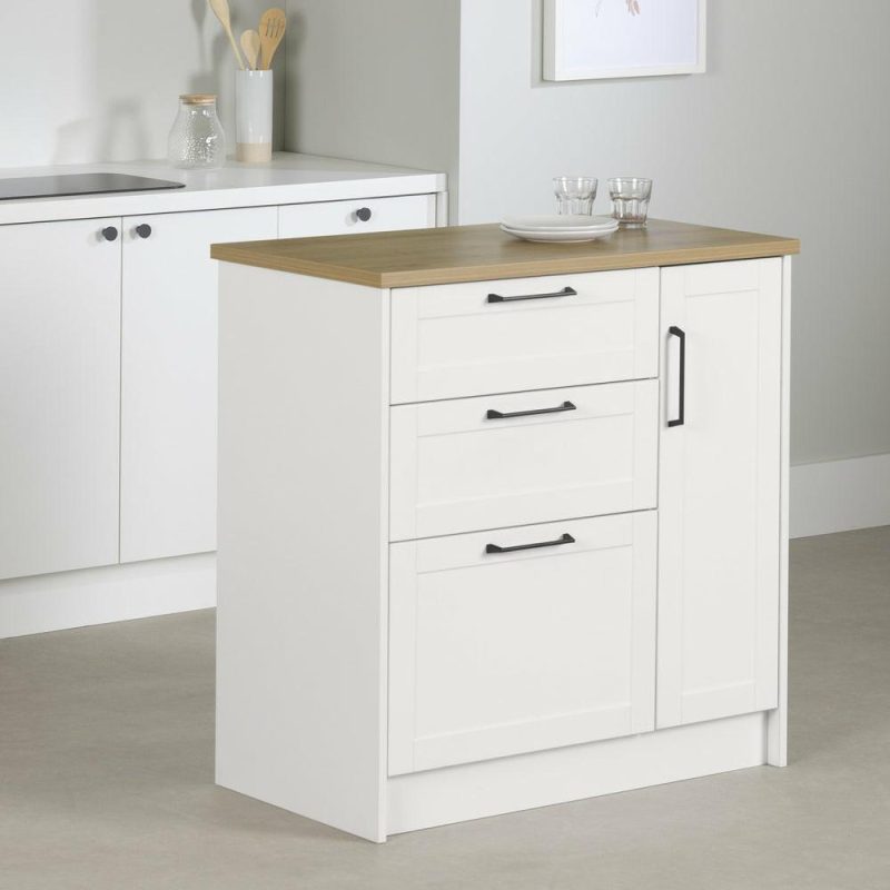 Toscano 3-Drawer Kitchen Island With Door – White & Maple Nutmeg Buffets, Servers And Cabinets