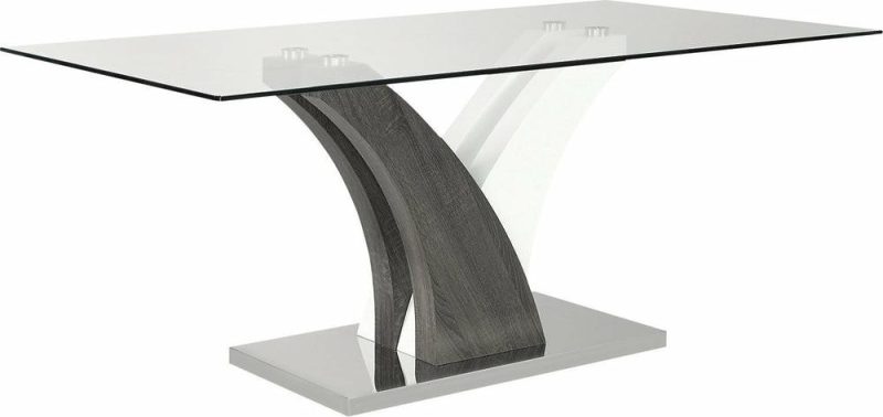 Tuxedo Dining Table With Glass Top, Pedestal Base, 72″W – Grey & White Dining Room