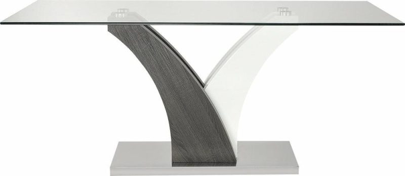 Tuxedo Dining Table With Glass Top, Pedestal Base, 72″W – Grey & White Dining Room