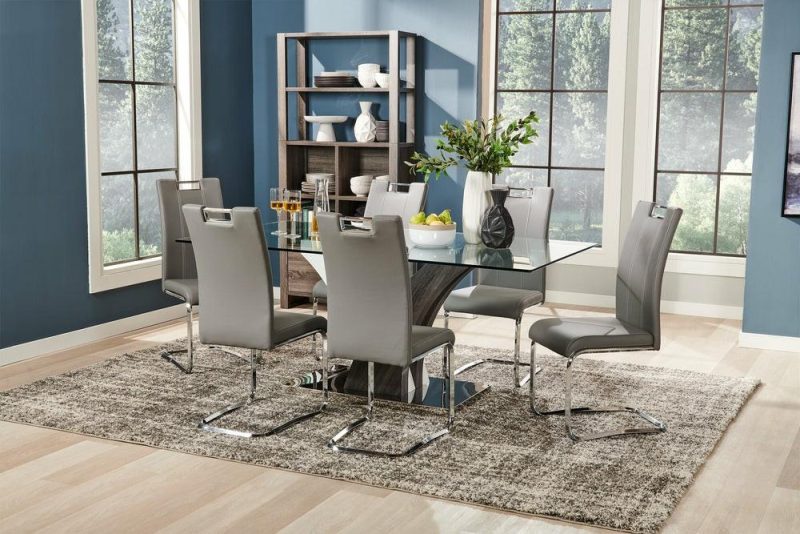 Tuxedo Dining Table With Glass Top, Pedestal Base, 72″W – Grey & White Dining Room