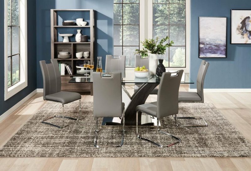 Tuxedo Dining Table With Glass Top, Pedestal Base, 72″W – Grey & White Dining Room